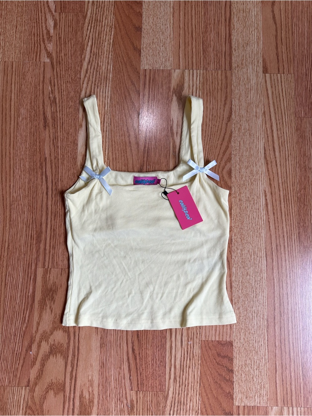 Edikted Pale Yellow Ribbed Tank with Bow Straps